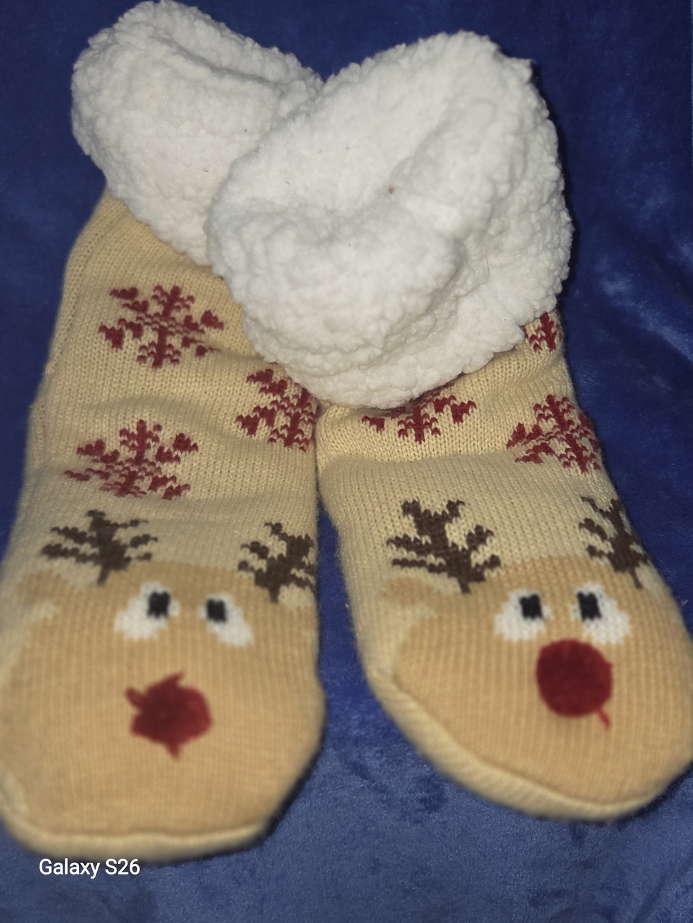 Cozy Cream Reindeer Slipper Socks with Plush White Cuff